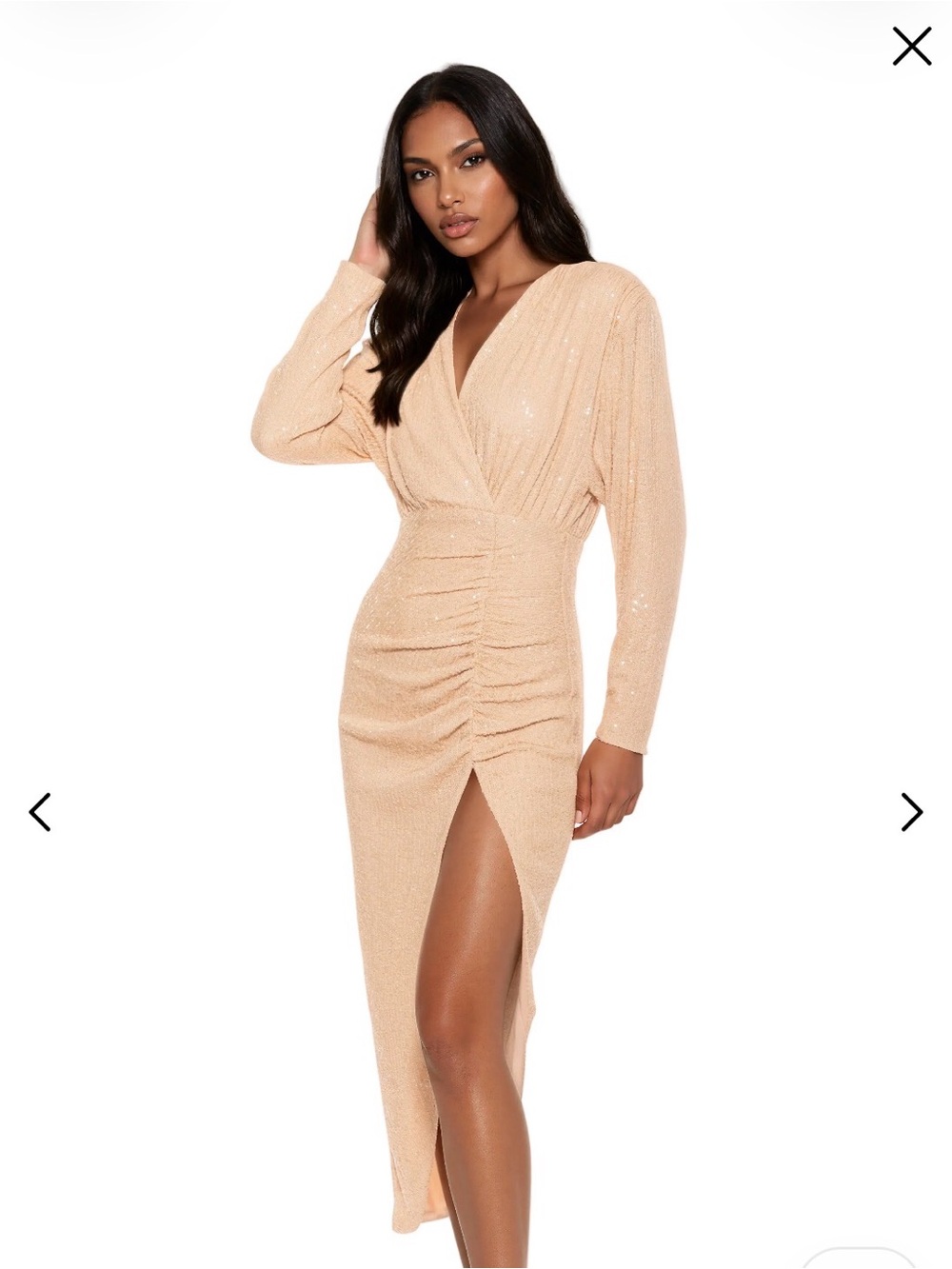 Alexia Admor Peach Sparkle Ruched V-Neck Long Sleeve Dress